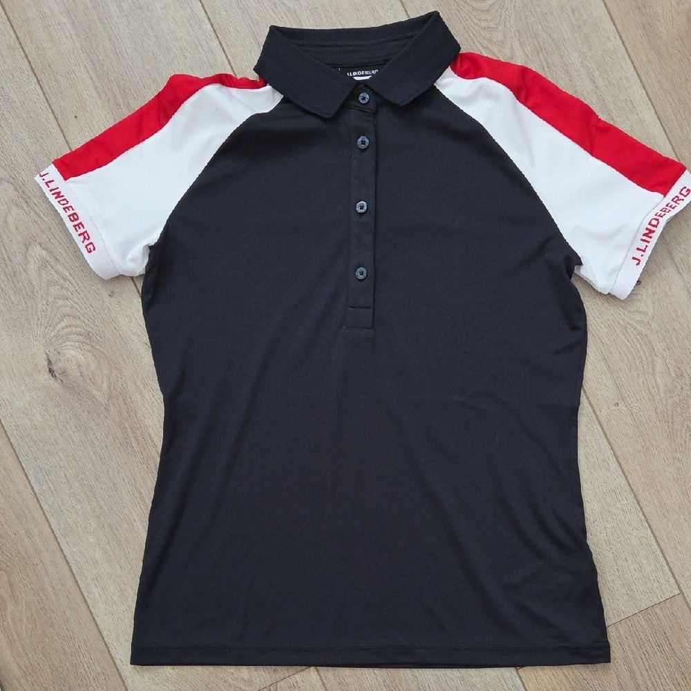 J.Lindeberg Black Polo with Red and White Sleeves